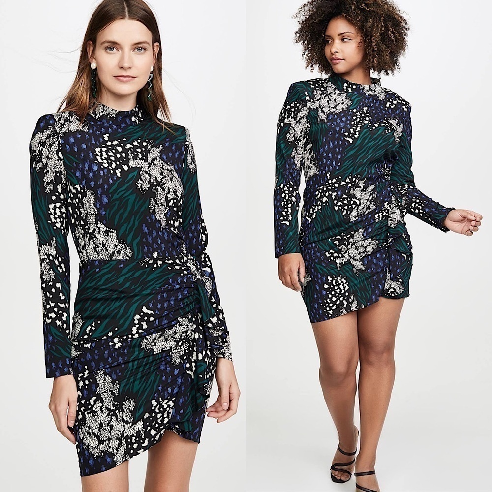 VERONICA BEARD Silk Graphic Print‎ High Neck Long Sleeve Draped Ruffle Dress 2